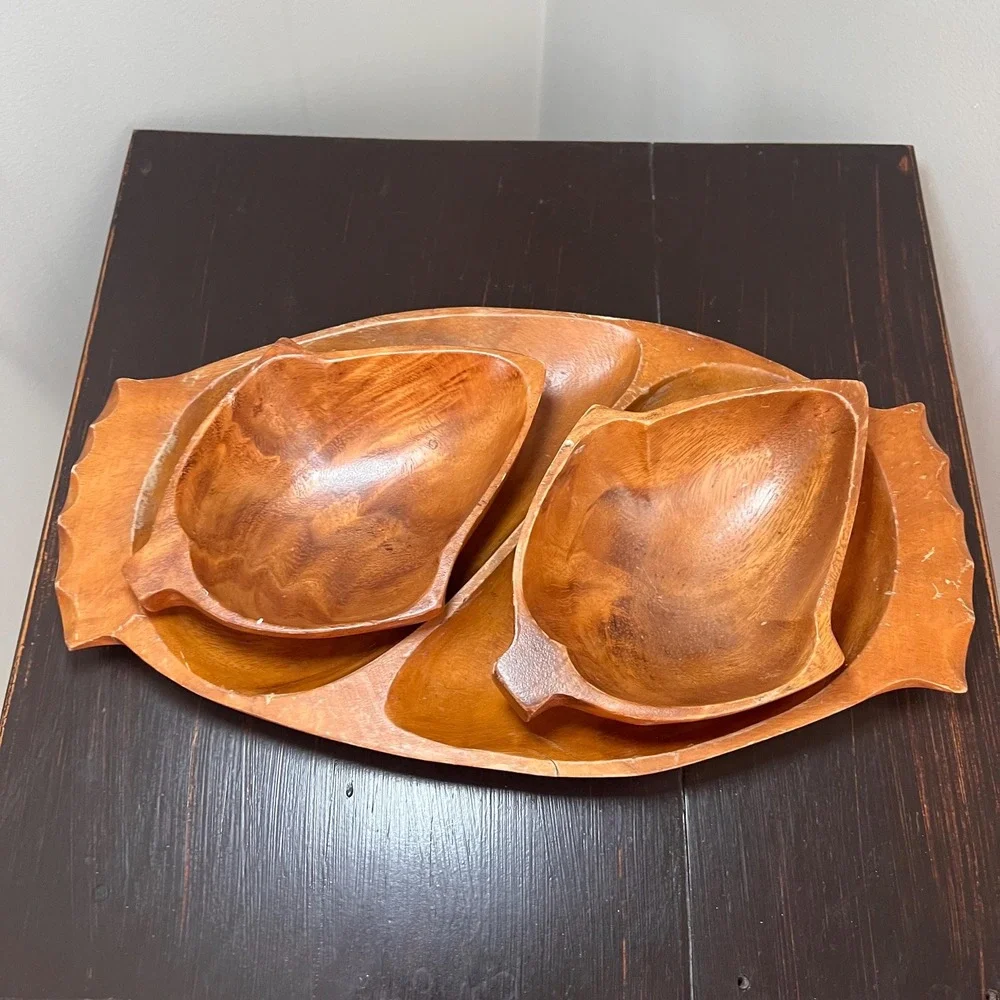 VTG Hand Carved Monkey Pod Wood Divided Serving Tray with 2 Leaf Snack Bowls mcm